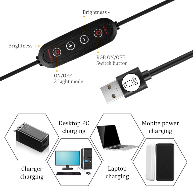 29 Färger Regnbåge Ringljus LED med USB-port, Dimbar Läge, Rund Form RGB för Selfie-fotografering, Videor, Live-sändningar