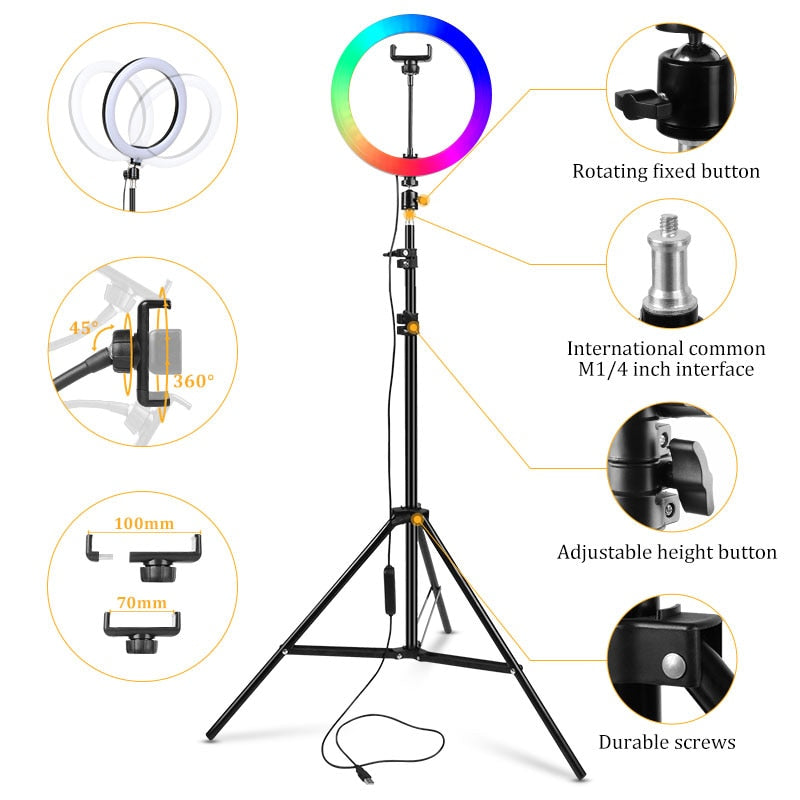 29 Färger Regnbåge Ringljus LED med USB-port, Dimbar Läge, Rund Form RGB för Selfie-fotografering, Videor, Live-sändningar