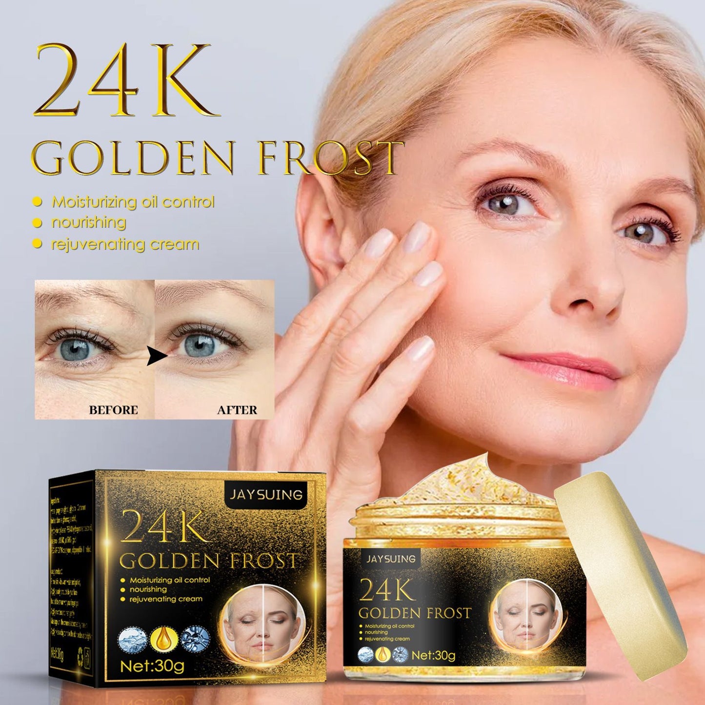 24k Face Cream - Instant Rynkor borttagning ansiktskräm - Hyaluronsyra hudvård uppstramande Anti Aging bleknar minskar fina linjer och återfuktar huden