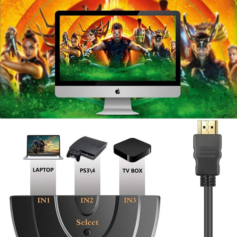 4K*2K Mini 1080P 3 in 1 Video Cable Splitter - 3 portar, 3D HDMI-kompatibel omkopplare och 4K-adapterkonverter för PC, HDTV, PS3/4, Xbox.