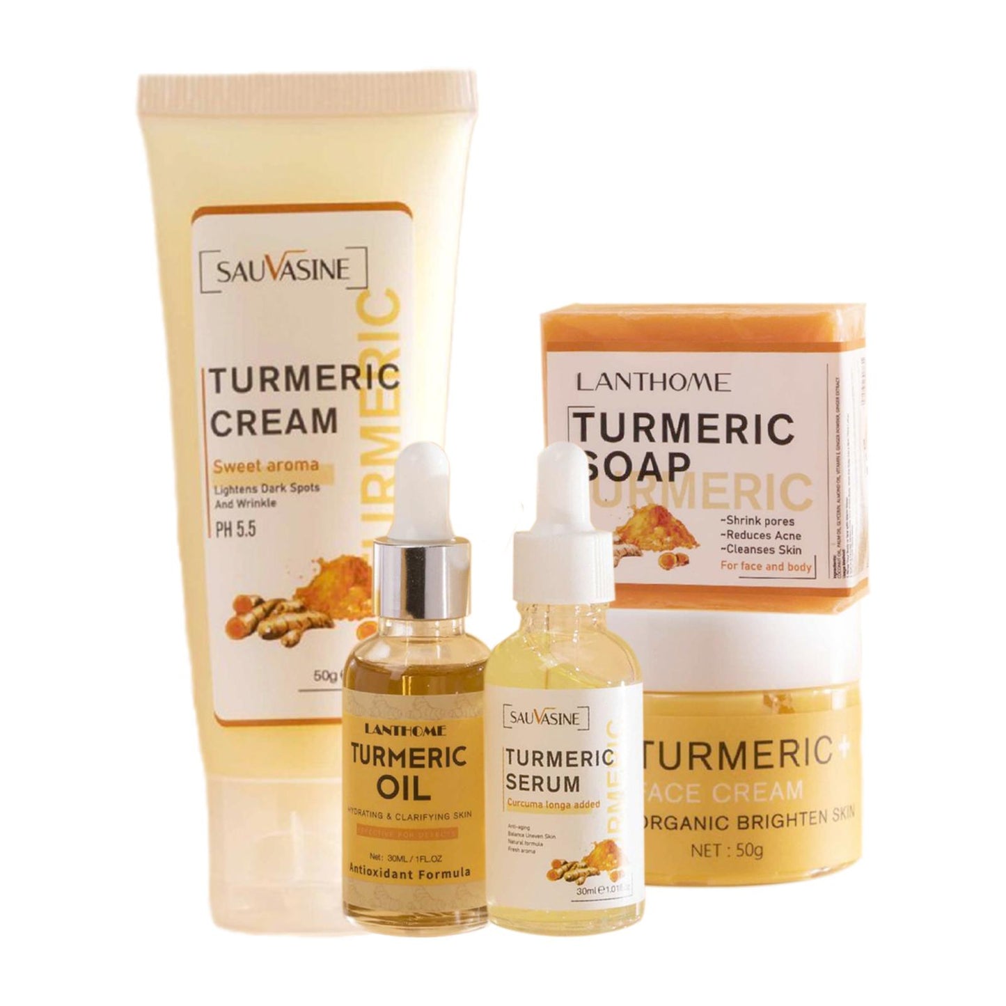 5 st/set Turmeric Face Care Sets, ansiktsrengöringskräm, ansiktskräm, tvål, olja, serum