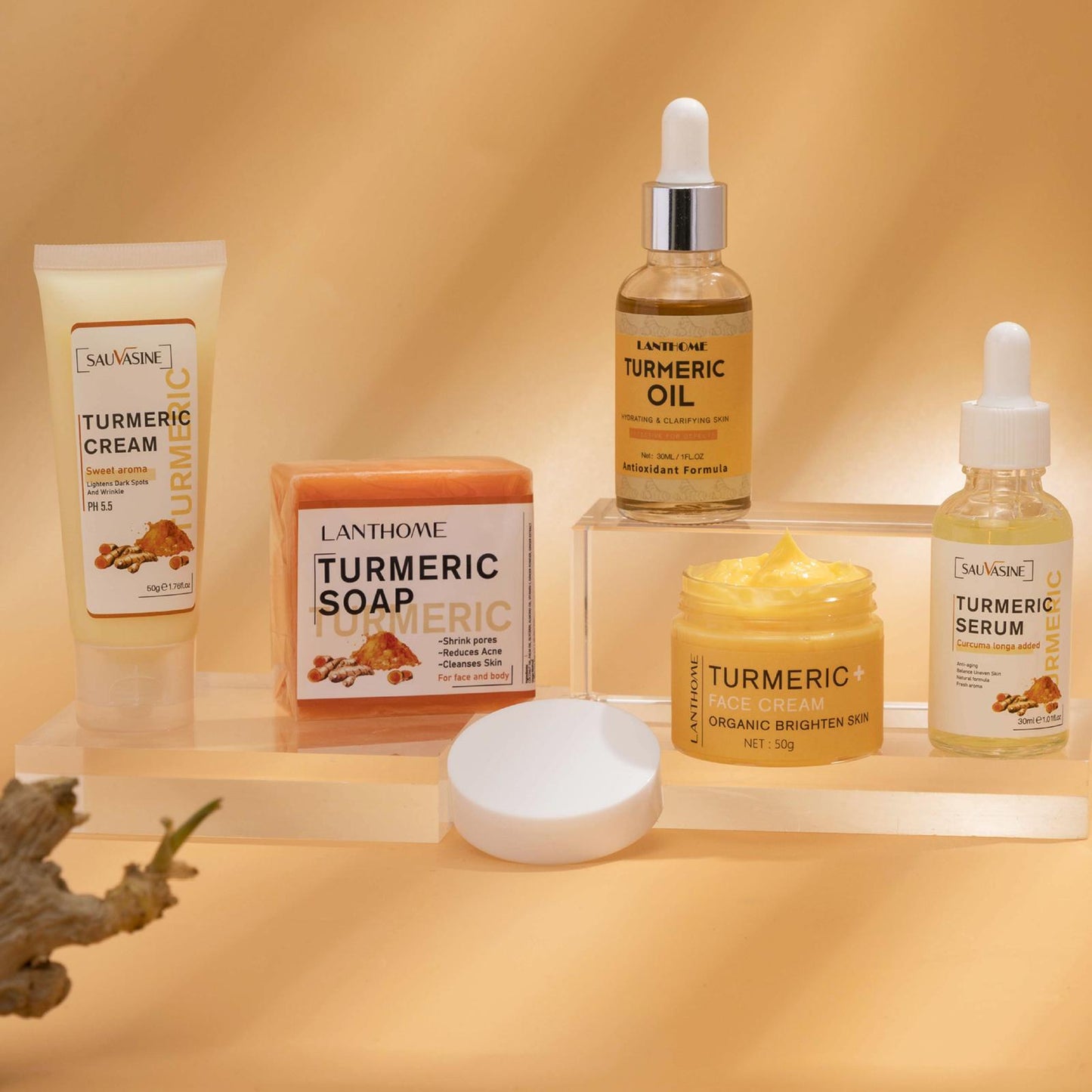 5 st/set Turmeric Face Care Sets, ansiktsrengöringskräm, ansiktskräm, tvål, olja, serum