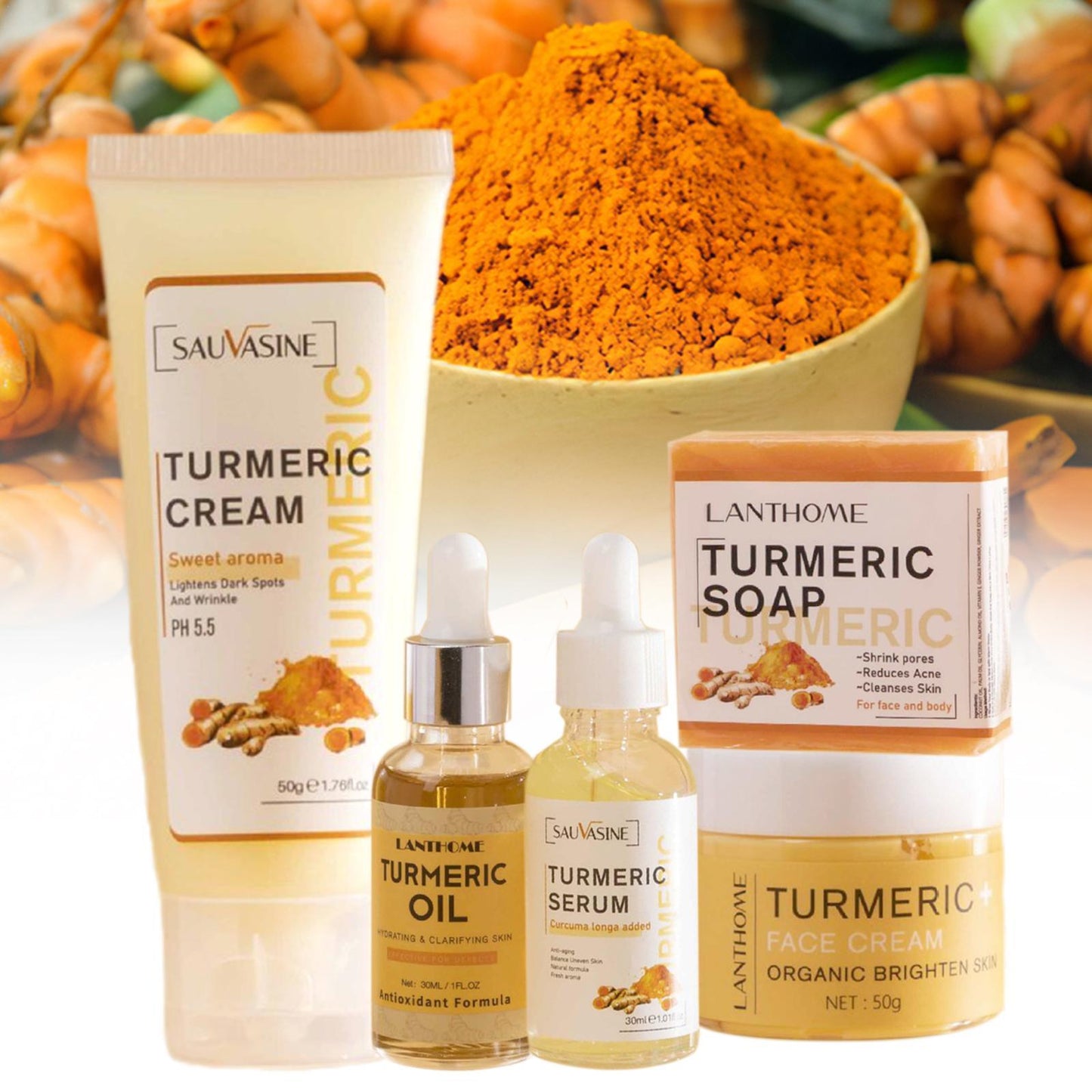 5 st/set Turmeric Face Care Sets, ansiktsrengöringskräm, ansiktskräm, tvål, olja, serum